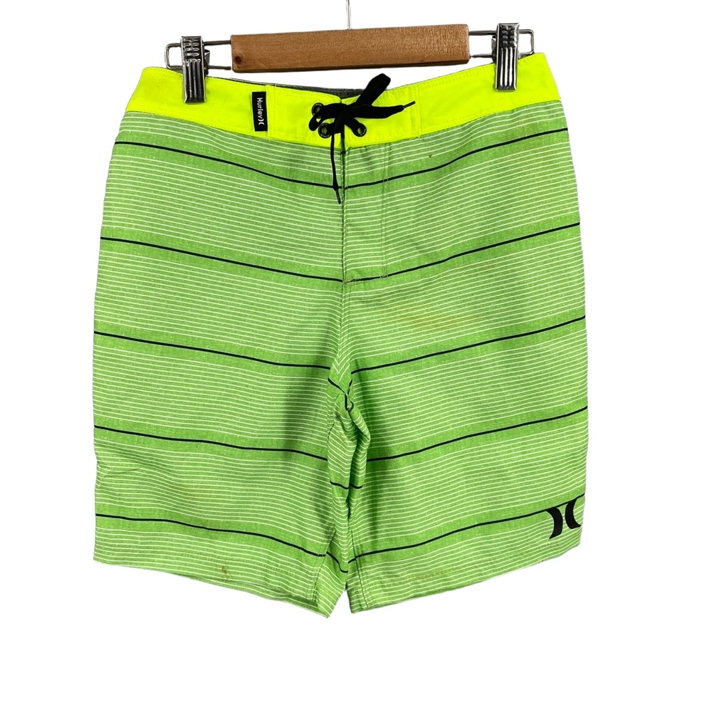 Hurley Boys Board Shorts Green Striped Lace Up Swim Beach‎ Surf Size 10